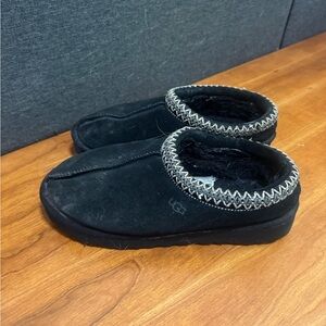 UGG Black Suede Slip-Ons with Patterned Trim